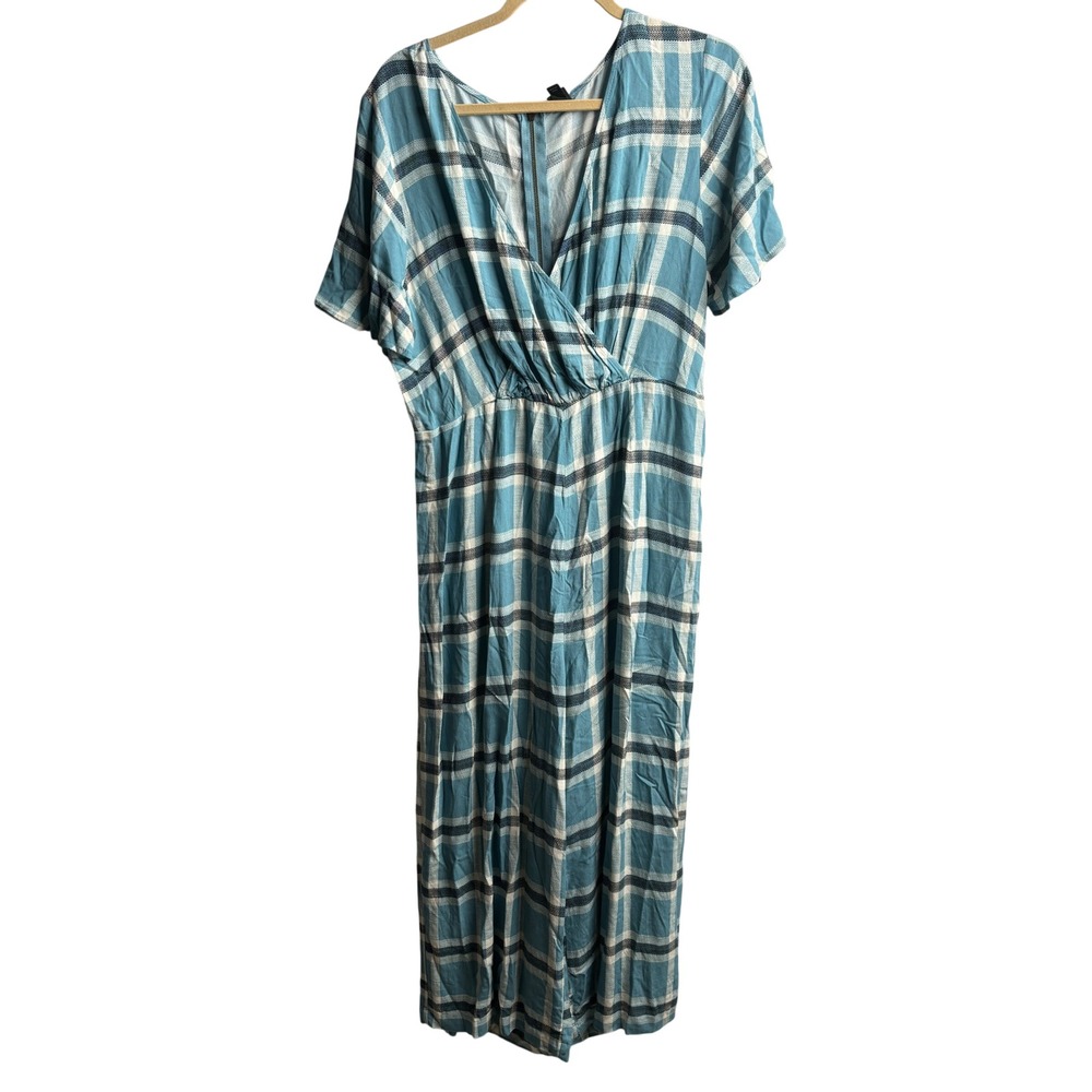 Wild Fable Blue White Plaid Surplice‎ V-Neck Short Sleeve Jumpsuit L Boho Resort
